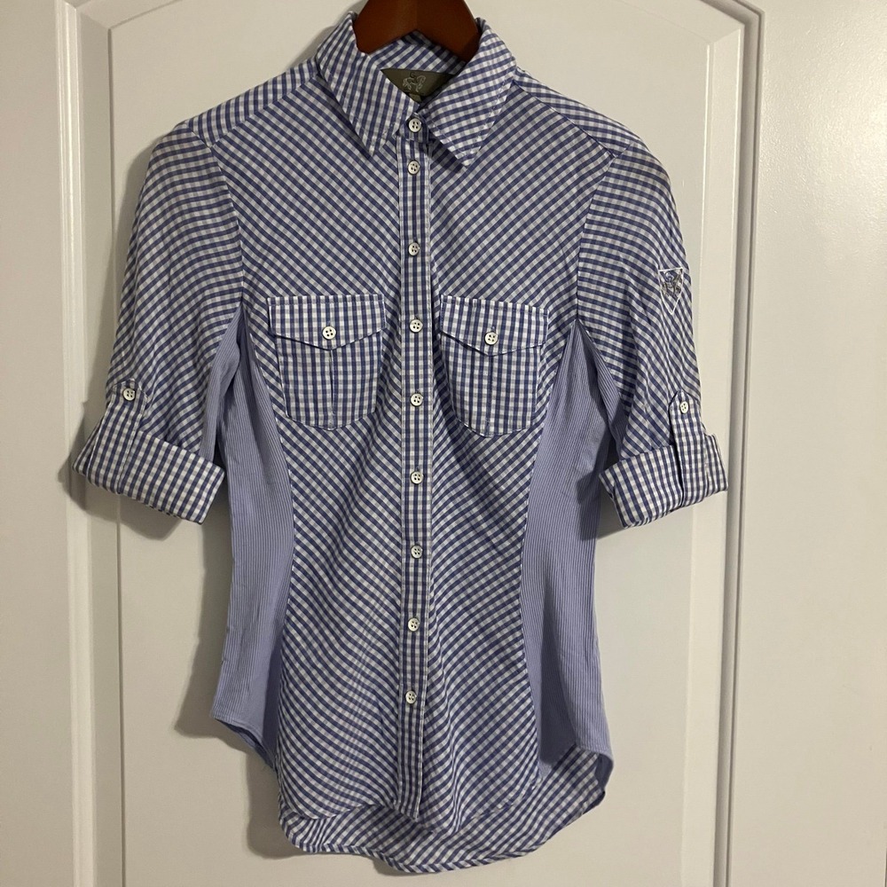 Goode Rider "Go To Shirt" blue gingham button down 3/4 sleeve Sz XS equestrian